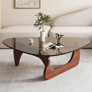 Triangle Coffee Table in Walnut Mid Century Modern Solid Wood Base and Triangle Clear Glass Coffee Table for Living Room Low Minimalist Tea Table Coffee Tables (36 * 25.6 * 16, Walnut Teal)