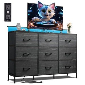 WLIVE Dresser TV Stand for 55 inch, Led Dresser for Bedroom, Black Dressers for Bedroom with LED Lights and Charging Station, Chest of Drawers, 9 Fabric Dresser Drawers, Wood Top, Living Room, Closet