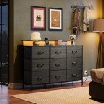 WLIVE Dresser TV Stand for 55 inch, Led Dresser for Bedroom, Black Dressers for Bedroom with LED Lights and Charging Station, Chest of Drawers, 9 Fabric Dresser Drawers, Wood Top, Living Room, Closet