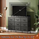 WLIVE Dresser TV Stand for 55 inch, Led Dresser for Bedroom, Black Dressers for Bedroom with LED Lights and Charging Station, Chest of Drawers, 9 Fabric Dresser Drawers, Wood Top, Living Room, Closet