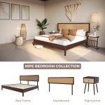 Bme Nipe King 14 Inch Bohemian Bed Frame with Adjustable Wicker Headboard - Rustic & Vintage Unique Style with Acacia Wood - No Box Spring Needed - Easy Assembly - Walnut