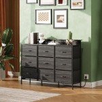 WLIVE Dresser TV Stand for 55 inch, Led Dresser for Bedroom, Black Dressers for Bedroom with LED Lights and Charging Station, Chest of Drawers, 9 Fabric Dresser Drawers, Wood Top, Living Room, Closet