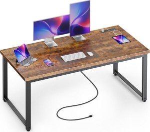 Huuger 55 Inch Desk with Power Outlets & USB-C, Deeper & Thicker Desktop, Robust Metal Tubes, Computer Desk, Heavy Duty Office Desk, Work Gaming Desk for Home Office, Rustic Brown