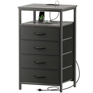 Huuger Night Stand with Charging Station, 4 Drawer Dresser for Bedroom, Bedside Table, 33.9 Inch Tall Nightstand with Open Shelf, End Table, for Closet, Entryway, Bedroooom, Gray