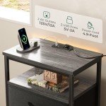 Huuger Night Stand with Charging Station, 4 Drawer Dresser for Bedroom, Bedside Table, 33.9 Inch Tall Nightstand with Open Shelf, End Table, for Closet, Entryway, Bedroooom, Gray