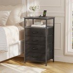 Huuger Night Stand with Charging Station, 4 Drawer Dresser for Bedroom, Bedside Table, 33.9 Inch Tall Nightstand with Open Shelf, End Table, for Closet, Entryway, Bedroooom, Gray