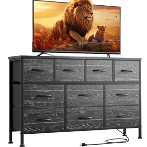 Lulive Dresser for Bedroom 10 Drawer Dresser TV Stand with Power Outlet, Entertainment Center Chest of Drawers for 55 Inch TV, Black Fabric for Bedroom Living Room Hallway Closets
