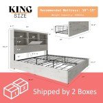 AMERLIFE King Size Bed Frame Wooden Platform Bed with 51.2" Storage LED Bookcase Headboard, 4 Storage Drawers & Charging Station/No Box Spring Needed/Noise Free/Distressed White