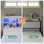 AMERLIFE King Size Bed Frame Wooden Platform Bed with 51.2" Storage LED Bookcase Headboard, 4 Storage Drawers & Charging Station/No Box Spring Needed/Noise Free/Distressed White