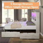 AMERLIFE King Size Bed Frame Wooden Platform Bed with 51.2" Storage LED Bookcase Headboard, 4 Storage Drawers & Charging Station/No Box Spring Needed/Noise Free/Distressed White