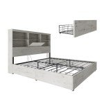 AMERLIFE King Size Bed Frame Wooden Platform Bed with 51.2" Storage LED Bookcase Headboard, 4 Storage Drawers & Charging Station/No Box Spring Needed/Noise Free/Distressed White