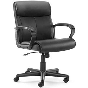 DUMOS Ergonomic Executive Office Chair with Padded Armrests, Mid Back Lumbar Support, Adjustable Height & Tilt, PU Leather Swivel Desk Chair for Home Office, Black