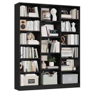 FACBOTALL Triple Wide Bookshelf, 6 Tier Large Bookshelf, Bookcase with 17 Open Display Shelves, 74'' Tall Bookcases and Bookshelves for Living Room, Home Office, Library, Black