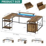 YITAHOME U Shaped Desk with Power Outlets & LED Lights, 79" Reversible L Shaped Desk with Drawers, Corner Computer Desk Office Desk with Monitor Stand & Storage Shelves, Rustic Brown