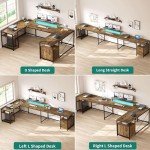YITAHOME U Shaped Desk with Power Outlets & LED Lights, 79" Reversible L Shaped Desk with Drawers, Corner Computer Desk Office Desk with Monitor Stand & Storage Shelves, Rustic Brown