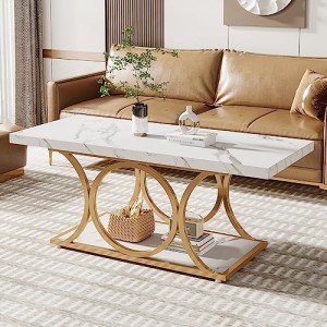 Tribesigns Rectangle Coffee Table, 47.24-inch Modern Coffee Tables for Living Room, 2-Tier Faux Marble Wood Coffee Table with Geometric Legs, Furniture with Storage Shelf (White & Gold)
