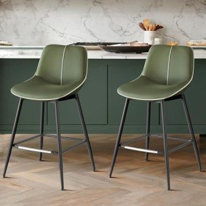 VASAGLE Bar Stools Set of 2, Counter Height Bar Stools with Back, Ergonomic Backrest, Synthetic Leather, Metal Legs, 24.4-Inch Tall Stools for Kitchen Island Home Bar, Forest Green ULBC088C01