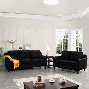 Naomi Home Black Button Tufted Sofa & Loveseat Set, Black Modern Microfiber Furniture for Small Spaces, Durable and Sturdy, Tool-Free Assembly, Affordable Living Room Sofa Cama, Stylish and Compact