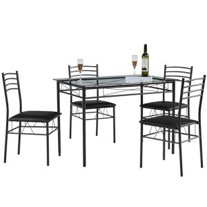 VECELO Kitchen Dining Table and Chairs Set for 4, PU Padded Seat & Glasses Tabletop, Space Saving, Matte Black