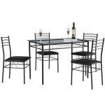 VECELO Kitchen Dining Table and Chairs Set for 4, PU Padded Seat & Glasses Tabletop, Space Saving, Matte Black