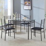 VECELO Kitchen Dining Table and Chairs Set for 4, PU Padded Seat & Glasses Tabletop, Space Saving, Matte Black