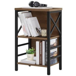 MNEETRUNG Small Bookcase,3 Tier Industrial Bookshelf with Metal Frame and Backboard,Low Rustic Brown Book Shelf,Small Book case for Small Spaces,Living Room,Bedroom and Home Office