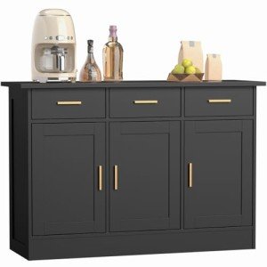 Buffet Cabinet with Storage - Buffets & Sideboards Kitchen Storage Cabinet, Wood Console Table Coffee Bar Accent Cabinets for Living Room Dining Room Entryway Large 3 Doors & Drawers, Black