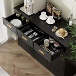 Buffet Cabinet with Storage - Buffets & Sideboards Kitchen Storage Cabinet, Wood Console Table Coffee Bar Accent Cabinets for Living Room Dining Room Entryway Large 3 Doors & Drawers, Black