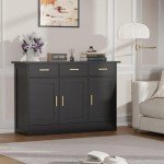 Buffet Cabinet with Storage - Buffets & Sideboards Kitchen Storage Cabinet, Wood Console Table Coffee Bar Accent Cabinets for Living Room Dining Room Entryway Large 3 Doors & Drawers, Black