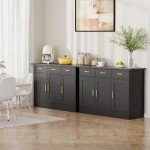 Buffet Cabinet with Storage - Buffets & Sideboards Kitchen Storage Cabinet, Wood Console Table Coffee Bar Accent Cabinets for Living Room Dining Room Entryway Large 3 Doors & Drawers, Black