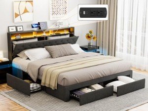 IKIFLY California King Bed Frames with Charging Station & Storage Headboard, Upholstered Linen Button Tufted LED Platform Bed with 4 Drawers, Solid Wood Slats, No Box Spring Needed, Dark Grey