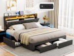 IKIFLY California King Bed Frames with Charging Station & Storage Headboard, Upholstered Linen Button Tufted LED Platform Bed with 4 Drawers, Solid Wood Slats, No Box Spring Needed, Dark Grey