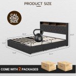 IKIFLY California King Bed Frames with Charging Station & Storage Headboard, Upholstered Linen Button Tufted LED Platform Bed with 4 Drawers, Solid Wood Slats, No Box Spring Needed, Dark Grey