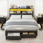 IKIFLY California King Bed Frames with Charging Station & Storage Headboard, Upholstered Linen Button Tufted LED Platform Bed with 4 Drawers, Solid Wood Slats, No Box Spring Needed, Dark Grey