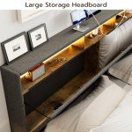 IKIFLY California King Bed Frames with Charging Station & Storage Headboard, Upholstered Linen Button Tufted LED Platform Bed with 4 Drawers, Solid Wood Slats, No Box Spring Needed, Dark Grey