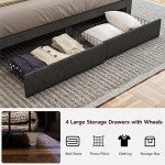 IKIFLY California King Bed Frames with Charging Station & Storage Headboard, Upholstered Linen Button Tufted LED Platform Bed with 4 Drawers, Solid Wood Slats, No Box Spring Needed, Dark Grey