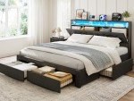 IKIFLY California King Bed Frames with Charging Station & Storage Headboard, Upholstered Linen Button Tufted LED Platform Bed with 4 Drawers, Solid Wood Slats, No Box Spring Needed, Dark Grey