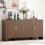 ONBRILL 60" Sideboard Buffet Cabinet with Storage, Curved Design Farmhouse Coffee Bar Cabinet with 4 Doors & Adjustable Shelves for Living Room, Kitchen, Hallway, Walnut