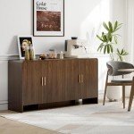 ONBRILL 60" Sideboard Buffet Cabinet with Storage, Curved Design Farmhouse Coffee Bar Cabinet with 4 Doors & Adjustable Shelves for Living Room, Kitchen, Hallway, Walnut