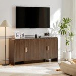ONBRILL 60" Sideboard Buffet Cabinet with Storage, Curved Design Farmhouse Coffee Bar Cabinet with 4 Doors & Adjustable Shelves for Living Room, Kitchen, Hallway, Walnut