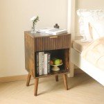Fultyle Mid Century Modern Nightstand, Wood Bedside Table with Drawer and Opening Storage, End Table Living Room Fluted Night Stand with Solid Wood Legs for Bedroom (Rustic Brown)