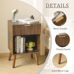 Fultyle Mid Century Modern Nightstand, Wood Bedside Table with Drawer and Opening Storage, End Table Living Room Fluted Night Stand with Solid Wood Legs for Bedroom (Rustic Brown)