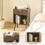 Fultyle Mid Century Modern Nightstand, Wood Bedside Table with Drawer and Opening Storage, End Table Living Room Fluted Night Stand with Solid Wood Legs for Bedroom (Rustic Brown)