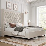 PaPaJet King Platform Bed Frame 61.4" Handmade Headboard Velvet Tall Upholstered Bed Deep Button Tufted/No Box Spring Required/Wood Slat Support/Easy Assembly/Cream