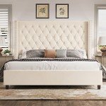 PaPaJet King Platform Bed Frame 61.4" Handmade Headboard Velvet Tall Upholstered Bed Deep Button Tufted/No Box Spring Required/Wood Slat Support/Easy Assembly/Cream
