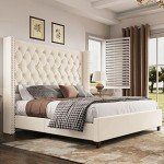 PaPaJet King Platform Bed Frame 61.4" Handmade Headboard Velvet Tall Upholstered Bed Deep Button Tufted/No Box Spring Required/Wood Slat Support/Easy Assembly/Cream