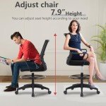 Drafting Chair Tall Office Chair Adjustable Swivel Rolling Mesh Height with Lumbar Support Arms Footrest Mid Back for Adults Standing Desk Drafting Stool(Black)