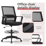 Drafting Chair Tall Office Chair Adjustable Swivel Rolling Mesh Height with Lumbar Support Arms Footrest Mid Back for Adults Standing Desk Drafting Stool(Black)