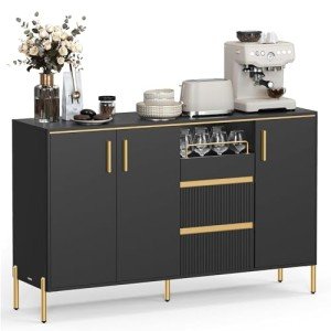 VASAGLE Buffet Cabinet with Storage, Fluted Sideboard Storage Cabinet, Kitchen Cabinet with Drawers, Adjustable Shelf, for Living Room, Modern, Ink Black UBBC691B01