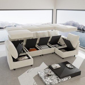 VINGLI 131.6"/108" Cream White Chenille Oversized Modular Sectional Sofa with Storage and USB Chargers, Comfy Sectional Sofa with 6 Seats, 6 Pieces Modern Couch Convertible Sleeper Bed for Living Room